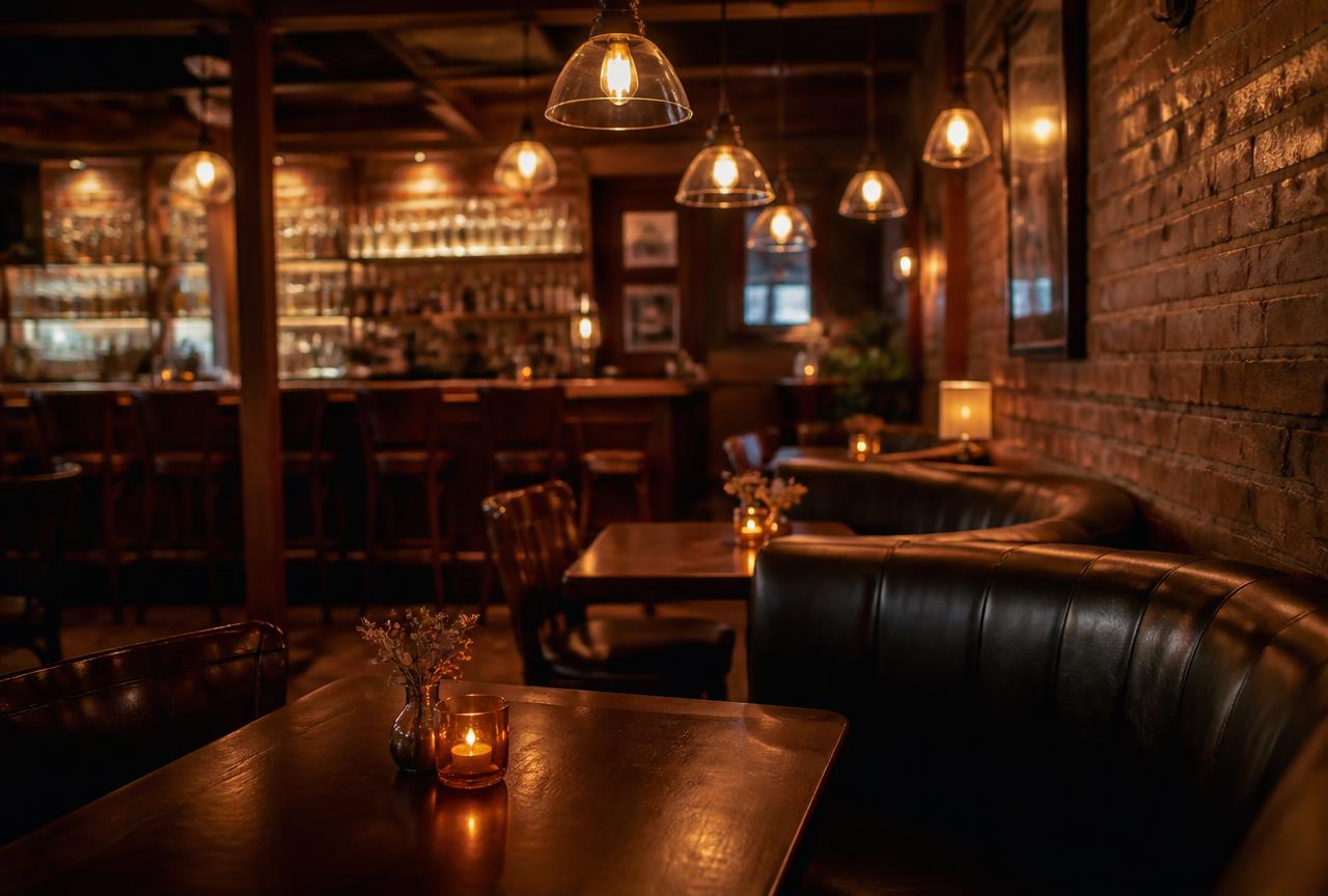Cozy interior of Parker's Bar and Grill with warm lighting and wooden tables